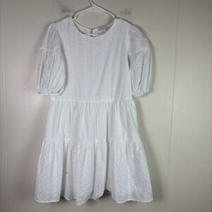 GB White Eyelet Dress Women's Medium Tiered Midi‎ Puff Sleeve Casual Summer